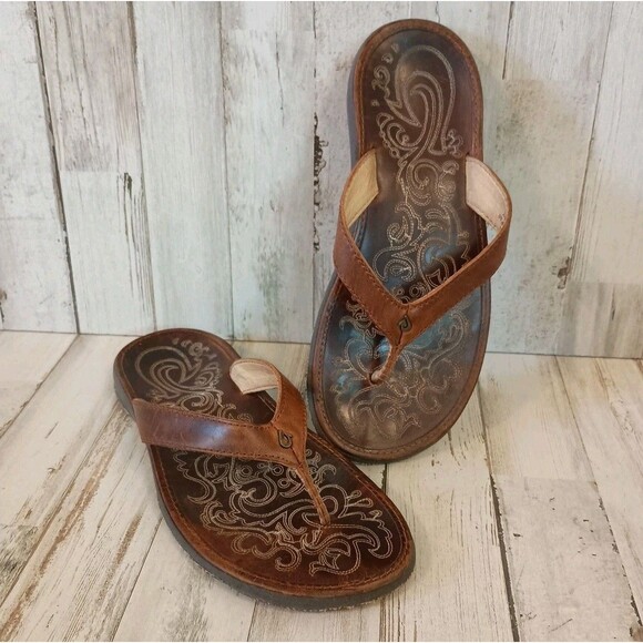 Olukai Paniolo Leather Flip Flops Women's 7 Beach Thong Sandals Brown - Picture 1 of 11
